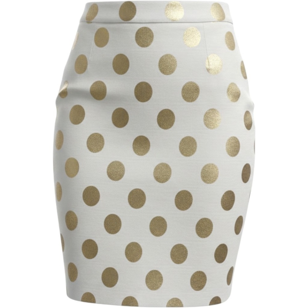 Hemline Mom White Gold Metallic Polka Dot Pencil Skirt Large Cotton Stretch